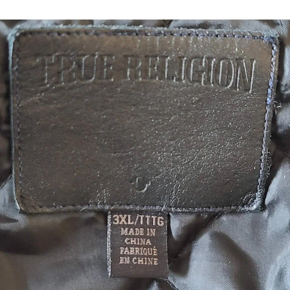 TRUE RELIGION Puffer Vest Blue Denim‎ Leather Trim Quilted M1WB015EG Size 3XL